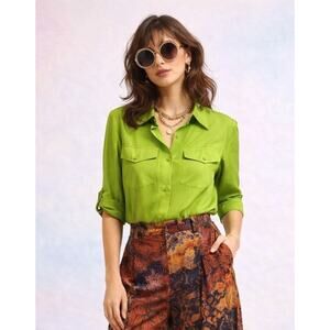 Travelsmith Womens Retro Pop 100% Silk Button Front Blouse Medium Kiwi Green